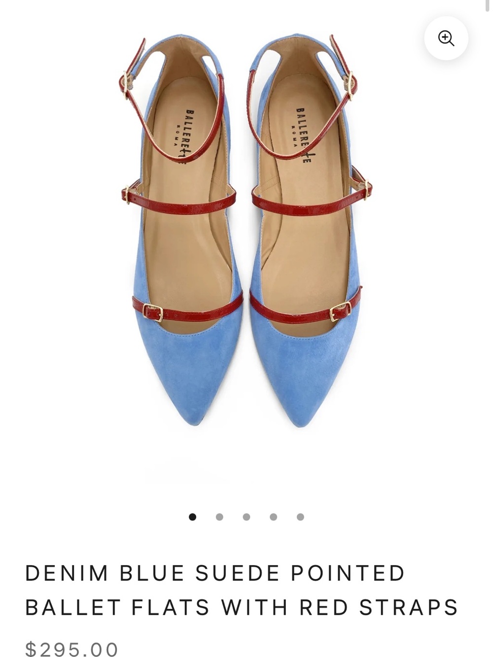 Ballerette Blue Suede Pointed Flats with Red Straps - Picture 8 of 9